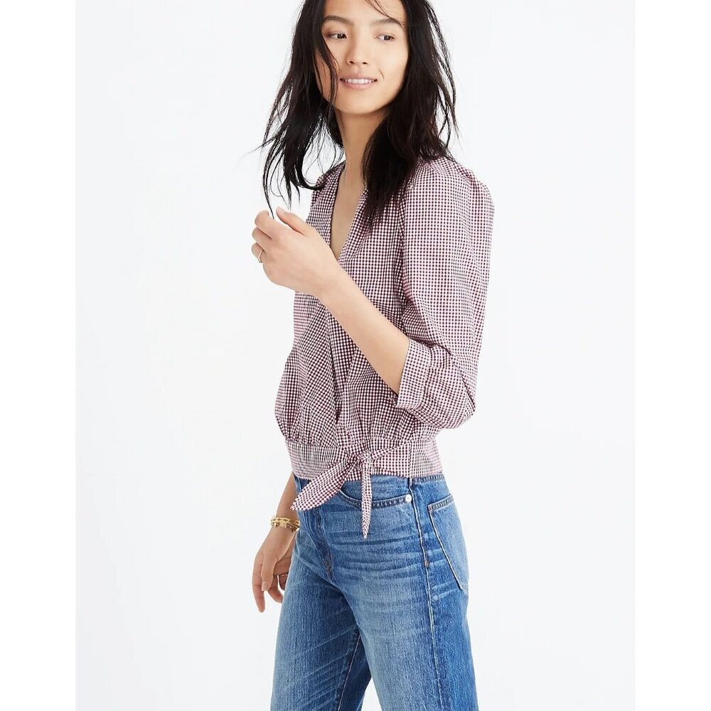 Madewell Size XS Burgundy Gingham Check Wrap Top 3/4 Sleeves Tie Waist Blouse